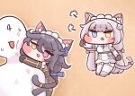  1boy 2girls :3 animal_ears bangs beige_background blue_eyes blush_stickers bulga cat_ears cat_girl cat_tail chibi commander_(last_origin) fang hair_between_eyes heterochromia hug last_origin long_hair maid_headdress minigirl multiple_girls open_mouth perrault_(last_origin) poi_(last_origin) purple_eyes scratches simple_background smile sweatdrop tail twintails very_long_hair yellow_eyes 