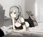  1girl arm_support bed black_skirt blue_eyes blurry blurry_background breasts brooch brown_legwear cellphone cleavage closed_mouth commentary crossed_ankles crossed_legs depth_of_field earrings english_commentary gogalking grey_hair head_rest highres indoors jewelry large_breasts long_hair looking_at_viewer lying maid_(gogalking) maid_headdress miniskirt no_shoes on_bed on_stomach original pantyhose phone pleated_skirt ponytail skirt smartphone solo stud_earrings the_pose 