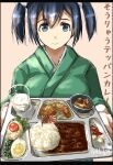  1girl alcohol blue_hair bowl brown_background cabbage chicken_(food) closed_mouth cowboy_shot cup curry curry_rice egg eyebrows_visible_through_hair flag food fried_chicken gari_(food) garlic green_kimono green_skirt hair_between_eyes hair_ribbon highres hiragana holding japanese_clothes japanese_flag kantai_collection katakana kimono lettuce looking_at_viewer medium_hair plate pleated_skirt ribbon rice rising_sun sake seitei_(04seitei) simple_background skirt smile solo souryuu_(kancolle) spring_onion sunburst twintails twitter_username white_ribbon 