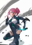  1girl alice_gear_aegis bangs black_footwear black_gloves blue_eyes boots breasts dagger gloves hair_behind_ear highres holding holding_dagger holding_weapon kaeruzaka_raiya keith8387 knife light_smile looking_at_viewer one_knee pink_hair sheath side_ponytail small_breasts solo thigh_boots thighhighs unsheathing weapon white_background 