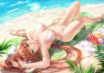  1girl absurdres arm_up armpits artist_name barefoot beach bikini blanket blurry blurry_foreground breasts brown_hair collarbone commentary commission depth_of_field doki_doki_literature_club english_commentary food fruit green_eyes green_nails hair_ribbon halterneck hand_on_own_thigh highres large_breasts lens_flare long_hair looking_at_viewer lying monika_(doki_doki_literature_club) navel on_back potetos7 ribbon sand side-tie_bikini smile solo string_bikini swimsuit tray very_long_hair water watermelon_slice white_bikini white_ribbon 