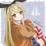  1girl alternate_costume blonde_hair blue_skirt brown_jacket cocoperino dated grey_eyes jacket kantai_collection long_hair looking_at_viewer one-hour_drawing_challenge plaid plaid_background plaid_skirt rensouhou-chan shimakaze_(kancolle) sitting skirt sleeves_past_wrists solo striped striped_legwear thighhighs twitter_username v 