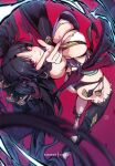  1girl arched_back armlet ass bangs bare_shoulders bikini bikini_bottom black_bikini black_hair breasts cleavage earrings fate/grand_order fate_(series) hair_ribbon hoop_earrings ishtar_(fate) jewelry kimetsu_no_yaiba large_breasts long_hair looking_at_viewer looking_up mitsu_(mitsu_art) parted_bangs patreon_username pointing purple_nails red_eyes ribbon smile solo swimsuit thighhighs thighs two_side_up 