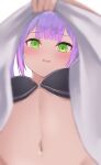  1girl absurdres ayama_nano bangs black_bra blurry blush bra breasts clothes_lift depth_of_field eyebrows_visible_through_hair from_below green_eyes highres hololive lifted_by_self long_hair looking_at_viewer looking_down medium_breasts navel open_mouth purple_hair shirt shirt_lift simple_background smile solo tokoyami_towa underwear upper_body upshirt virtual_youtuber white_background white_shirt 