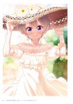  1girl bangs blurry blurry_background blush closed_mouth collarbone copyright_name day dress earrings eyebrows_visible_through_hair hair_between_eyes hat highres hoshikawa_hotaru jewelry looking_at_viewer necklace new_game! off-shoulder_dress off_shoulder official_art outdoors page_number purple_eyes short_sleeves smile solo standing straw_hat sun_hat sundress tokunou_shoutarou white_dress yellow_headwear 