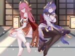  1girl animal_ears bad_id bad_pixiv_id bare_shoulders black_legwear braid braided_ponytail breasts feet flower fox_ears genshin_impact japanese_clothes kimono large_breasts lingshalan long_hair miko mole mole_under_eye obiage obijime pink_hair priestess purple_eyes purple_flower purple_hair purple_kimono purple_nails raiden_shogun soles white_legwear wide_sleeves yae_(genshin_impact) 