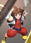  1boy akisa_(12023648) blue_eyes brown_hair fingerless_gloves gloves hood jewelry keyblade kingdom_hearts kingdom_hearts_i looking_at_viewer male_focus necklace short_hair simple_background smile solo sora_(kingdom_hearts) spiked_hair super_smash_bros. weapon 
