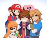  blue_eyes brown_hair facial_hair fang fangs fingerless_gloves gloves highres inkling jewelry kingdom_hearts kirby kirby_(series) link long_hair looking_at_viewer male_focus mario mario_(series) mole mole_under_mouth multiple_boys mustache necklace open_mouth overalls patdarux pointy_ears red_hair short_hair simple_background smile sora_(kingdom_hearts) spiked_hair splatoon_(series) splatoon_1 squid super_mario_bros. super_smash_bros. tentacle_hair the_legend_of_zelda the_legend_of_zelda:_breath_of_the_wild 