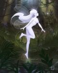  1girl ahoge antennae barefoot breasts closed_eyes completely_nude english_commentary fairy fairy_wings floating flying forest highres huge_ahoge leg_lift long_hair medium_breasts nature no_nipples nude original ripples silver_hair simz solo very_long_hair water water_drop wings 