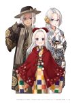  3girls :d black_gloves black_headwear blue_eyes bow brown_kimono checkered checkered_kimono copyright_name cowboy_shot earrings floral_print flower glasses gloves hair_flower hair_intakes hair_ornament haori hat hat_bow highres japanese_clothes jewelry kimono long_hair looking_at_viewer multiple_girls new_game! official_art open_mouth page_number print_kimono rimless_eyewear scarf silver_hair smile smug standing striped striped_bow striped_scarf tokunou_shoutarou white_background yamato_catarine_towa yamato_christina_wako yamato_sophie_waon yellow_flower 