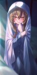  1girl absurdres aisaka_taiga bangs blanket blurry blurry_background blurry_foreground blush brown_eyes brown_hair commentary dress_shirt eyebrows_visible_through_hair finger_to_mouth hair_between_eyes hands_up highres holding long_hair long_sleeves looking_at_viewer official_alternate_costume pants shirt smile solo standing toradora! torriet 