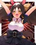  +_+ 1girl absurdres animal_ears arms_up blush breasts brown_hair fang hair_ribbon highres horse_ears horse_girl horse_tail large_breasts long_hair looking_at_viewer marvelous_sunday_(umamusume) misonikomi open_mouth ribbon solo tail twintails umamusume yellow_eyes 