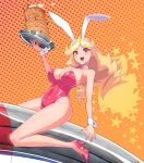  1girl animal_ears bare_legs blonde_hair bow bowtie breasts cleavage commentary_request detached_collar food full_body heart heart_background highres honey_(space_dandy) kemurin kneeling large_breasts leotard long_hair looking_at_viewer orange_background pancake playboy_bunny rabbit_ears rabbit_tail red_bow red_bowtie red_eyes red_leotard riding rocket smile solo space_dandy stack_of_pancakes strapless strapless_leotard tail wrist_cuffs 