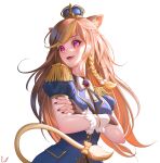  1girl absurdres animal_ear_fluff animal_ears ashe_redd_(artist) bangs blue_jacket bow crown english_commentary eyebrows_visible_through_hair floating_hair hazumi_aileen highres indie_virtual_youtuber jacket lion_ears lion_girl lion_tail long_hair looking_to_the_side military military_uniform open_mouth orange_bow puffy_sleeves purple_eyes smile solo tail uniform virtual_youtuber white_background 