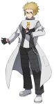  1boy alternate_costume black_pants blonde_hair blue_eyes chain closed_mouth commentary_request full_body glasses gloves holding holding_poke_ball labcoat logo long_sleeves looking_to_the_side male_focus pants poke_ball poke_ball_(basic) pokemon pokemon_(game) pokemon_dppt shoes solo spiked_hair standing team_galactic_uniform tsukumo_(shiro_bnal) vest volkner_(pokemon) 