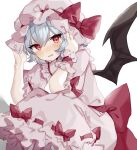  1girl bat_wings blue_hair blush bow commentary cowering dress frilled_shirt_collar frilled_sleeves frills hands_on_headwear hands_up hat hat_ribbon highres looking_at_viewer mob_cap open_mouth pink_dress puffy_short_sleeves puffy_sleeves red_bow red_eyes red_ribbon remilia_scarlet ribbon ribbon_trim short_hair short_sleeves solo sorani_(kaeru0768) touhou white_background wings wrist_cuffs 