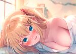  1girl akai_haato bangs blonde_hair blue_eyes blurry blurry_background blush breasts cleavage commentary_request depth_of_field eyebrows_visible_through_hair eyes_visible_through_hair hair_ornament hairclip heart heart_hair_ornament highres hololive indoors jewelry large_breasts light_particles long_hair looking_at_viewer lying magowasabi md5_mismatch necklace off_shoulder on_side parted_lips partially_unbuttoned shirt signature single_bare_shoulder smile solo twitter_username two_side_up upper_body virtual_youtuber white_shirt window x_hair_ornament 