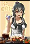  1girl anniversary bare_shoulders beef black_hair black_necktie black_sailor_collar blush bowl breasts carrot chopsticks cleavage commentary_request cup english_text eyebrows_visible_through_hair food gari_(food) hair_between_eyes highres holding holding_cup kanji kantai_collection knife large_breasts lettuce long_hair miso_soup necktie onion open_mouth orange_background pink_scrunchie plate ponytail potato red_eyes rice sailor_collar salad school_uniform scrunchie seitei_(04seitei) serafuku shirt sidelocks sleeveless smile solo spring_onion steak tomato twitter_username uniform upper_body white_shirt yahagi_(kancolle) 