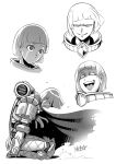  :d adeptus_astartes armor backpack bag blank_eyes bob_cut cape closed_mouth evil_grin evil_smile facial_mark floating_cape from_side full_armor genderswap genderswap_(mtf) greyscale grin highres kneeling looking_at_viewer lorgar medium_hair monochrome open_mouth parted_lips pauldrons rolling_eyes ryuusei_(mark_ii) shoulder_armor simple_background smile warhammer_40k white_background 