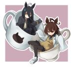  2girls agnes_tachyon_(umamusume) ahoge animal_ears bangs black_gloves black_legwear brown_hair coffee_cup commentary_request cup datemegane disposable_cup earrings gloves hair_between_eyes horse_ears jewelry labcoat long_hair looking_at_viewer manhattan_cafe_(umamusume) medium_hair multiple_girls necktie outline shoes simple_background single_earring sitting sleeves_past_wrists smile sweater teacup two-tone_background umamusume white_legwear white_outline yellow_sweater 