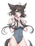  1girl absurdres ahoge animal_ears bare_shoulders black_hair blue_eyes breasts bunching_hair clearpage cleavage covered_navel cowboy_shot detached_collar dog_ears dog_girl dog_tail grey_leotard highleg highleg_leotard highres holding holding_hair leotard long_hair looking_at_viewer low_twintails medium_breasts off_shoulder original simple_background solo tail thighs twintails white_background 