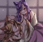  2girls animal_ear_fluff animal_ears bangs blush breasts brown_hair camisole chenchen chenchen_(vtuber) cleavage english_commentary hazumi_aileen highres indie_virtual_youtuber lion_ears lion_girl long_hair looking_down medium_breasts multiple_girls open_mouth purple_hair red_camisole sleeping smile under_covers virtual_youtuber yuri 