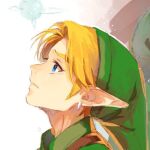  1boy bangs blonde_hair blue_eyes earclip eori_namo_d fairy green_headwear green_tunic link pointy_ears short_hair solo tears the_legend_of_zelda the_legend_of_zelda:_ocarina_of_time young_link 