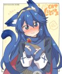  1girl animal_ears blue_eyes blue_hair blush cape cat_ears eromame fingerless_gloves fire_emblem fire_emblem_awakening gloves hair_between_eyes long_hair looking_at_viewer lucina_(fire_emblem) simple_background solo tiara 