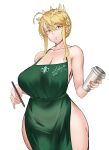  1girl absurdres ahoge apron artoria_pendragon_(fate) artoria_pendragon_(lancer)_(fate) bare_shoulders blonde_hair braid breasts cleavage collarbone commentary covered_navel crown cup disposable_cup eyebrows_visible_through_hair fate/grand_order fate_(series) french_braid green_apron green_eyes hair_between_eyes highres holding holding_marker iced_latte_with_breast_milk_(meme) large_breasts lipgloss long_hair looking_at_viewer love-saber marker meme naked_apron parted_lips sidelocks thighs white_background 
