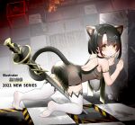  1girl absurdres all_fours animal_ear_fluff animal_ears arknights ass backless_dress backless_outfit bangs bare_shoulders black_choker black_dress black_hair blush cat_ears cat_girl cat_tail choker commentary_request dress eyebrows_visible_through_hair from_side full_body green_eyes hair_ornament highres kuroshiroemaki looking_at_viewer looking_to_the_side mandrake_(arknights) no_shoes parted_lips prehensile_tail soles solo tail thighhighs thighs white_legwear 