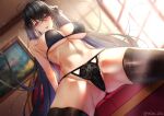  1girl :d absurdres ahoge ass_visible_through_thighs azur_lane bangs black_bra black_hair black_legwear blush bra breasts cleavage couch crossed_bangs dutch_angle hair_between_eyes hair_ribbon highres large_breasts lingerie lipgloss long_hair misa_pika navel on_couch open_mouth picture_(object) picture_frame red_eyes red_ribbon ribbon sitting smile solo spread_legs sunlight taihou_(azur_lane) thighhighs thighs twintails twitter_username underwear very_long_hair window 
