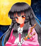  1girl bangs black_hair black_sky blouse blue_sky bow bowtie breasts buttons closed_mouth collar collared_blouse eyebrows_visible_through_hair gradient gradient_sky hair_between_eyes hands_up houraisan_kaguya long_hair long_sleeves looking_at_viewer medium_breasts moon multicolored_eyes night night_sky orange_eyes pink_blouse pink_sleeves qqqrinkappp red_eyes shikishi sky smile solo star_(sky) starry_sky touhou traditional_media treasure white_bow white_bowtie wide_sleeves yellow_eyes yellow_moon 