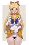  1girl :d aino_minako bishoujo_senshi_sailor_moon blonde_hair blue_eyes blush border bow breasts circlet clothes_lift commentary crotch_cutout excessive_pubic_hair female_pubic_hair geso_smith gloves groin hair_bow hand_up highres inverted_nipples leotard lifted_by_self long_hair looking_at_viewer magical_girl mismatched_pubic_hair nipple_cutout open_mouth orange_sailor_collar orange_skirt outside_border pleated_skirt pubic_hair sailor_collar sailor_senshi_uniform sailor_venus skirt skirt_lift smile solo standing sweat teeth twitter_username v white_border white_gloves 