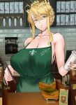  1girl absurdres ahoge apron artoria_pendragon_(fate) artoria_pendragon_(lancer)_(fate) bare_shoulders blonde_hair braid breasts cafe cleavage collarbone commentary covered_navel crown cup disposable_cup eyebrows_visible_through_hair fate/grand_order fate_(series) french_braid green_apron green_eyes hair_between_eyes highres holding holding_marker iced_latte_with_breast_milk_(meme) large_breasts lipgloss long_hair looking_at_viewer love-saber marker meme naked_apron parted_lips photo_background sidelocks 