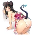 1girl all_fours animal_ears ass bangs breasts breasts_outside brown_eyes closed_mouth clothes_lift commentary_request floral_print from_side hair_ribbon japanese_clothes kimono kimono_lift kimono_pull long_hair looking_at_viewer looking_to_the_side medium_breasts mouse_ears mouse_tail no_bra original panties pink_kimono polka_dot polka_dot_ribbon print_kimono red_ribbon ribbon simple_background solo tail tail_ornament tail_raised tail_ribbon underwear white_background white_panties yaegashi_nan 