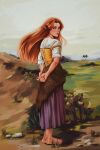  1girl absurdres arms_behind_back barefoot blush corset dress field fine_art_parody grass highres holding holding_plant long_hair looking_at_viewer looking_to_the_side malon nm_dl painting_(medium) parody plant pointy_ears red_hair shepherd the_legend_of_zelda the_legend_of_zelda:_ocarina_of_time the_young_shepherdess traditional_media 