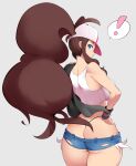  ! 1girl aqua_eyes ass back black_legwear breasts brown_hair butt_crack commentary_request curly_hair denim denim_shorts grey_background hand_on_hip high_ponytail highleg highleg_panties highres hilda_(pokemon) holding holding_towel large_breasts looking_at_viewer looking_back nac000 panties pokemon pokemon_(game) pokemon_bw short_shorts shorts simple_background solo spoken_exclamation_mark sports_bra standing thighs thong towel underwear white_sports_bra 