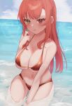  1girl bangs bikini blush breasts cleavage closed_mouth cloud collarbone commentary_request day eyebrows_visible_through_hair hand_in_hair hand_up heterochromia hololive houshou_marine long_hair medium_breasts navel negima_(le_ne38) ocean outdoors red_bikini red_eyes skindentation solo swimsuit virtual_youtuber water yellow_eyes 