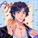  1boy anpan bangs black_hair black_jacket blue_eyes closed_mouth collarbone drink drinking_straw food hands_up holding holding_drink holding_food jacket judge_eyes juice_box long_sleeves looking_away male_focus mole mole_under_eye pectoral_cleavage pectorals shirt short_hair solo upper_body white_shirt yagami_takayuki yakumo_(ykm) 