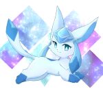  :3 animal_focus bangs blue_eyes blue_hair bright_pupils closed_mouth commentary diamond_(shape) english_commentary from_side full_body glaceon happy highres kryztar long_hair looking_at_viewer lying no_humans on_stomach pokemon pokemon_(creature) smile solo split_mouth twintails white_pupils 