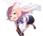  1girl absurdres blue_archive blue_eyes blue_necktie blue_skirt bullet cheenack collared_shirt fang gun halo heterochromia highres holding holding_gun holding_weapon hoshino_(blue_archive) long_hair motion_blur necktie open_mouth pink_hair pleated_skirt shirt shotgun simple_background skirt solo weapon white_background white_shirt yellow_eyes 