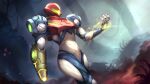  1girl absurdres arm_cannon glowing helmet highres looking_at_viewer metroid metroid_dread power_armor power_suit samus_aran science_fiction shiburingaru simple_background solo upper_body visor weapon 