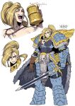  1girl :d adeptus_astartes animal_skull armor beer_mug blonde_hair blue_eyes blush boobplate braid breastplate cape clenched_teeth closed_mouth commentary cup fang fang_out fangs fur_cape gauntlets genderswap genderswap_(mtf) greaves highres holding holding_cup holding_sword holding_weapon leman_russ long_hair looking_at_viewer mug multiple_views open_mouth pauldrons pelt pelvic_curtain ponytail ryuusei_(mark_ii) scar scar_across_eye shoulder_armor shoulder_spikes side_braids signature simple_background smile space_wolves spikes sword tankard teeth tooth_necklace warhammer_40k weapon white_background 