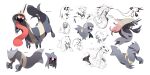  character_name concept_art fakemon looking_at_viewer multiple_views open_mouth original pokemon pokemon_(creature) red_eyes siirakannu simple_background tongue tongue_out translation_request white_background 