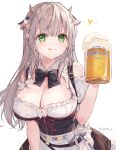  1girl :q alcohol animal_ears apron bangs beer beer_mug black_bow black_bowtie blush bow bowtie breasts brown_skirt character_name commentary copyright_name corset cow_ears cow_horns cup detached_collar dirndl eikaa flower german_clothes green_eyes hair_flower hair_ornament hand_up heart holding holding_cup hololive horns large_breasts long_hair looking_at_viewer mug shirogane_noel short_sleeves silver_hair simple_background skirt solo symbol-only_commentary tongue tongue_out twitter_username upper_body virtual_youtuber white_apron white_background white_flower 