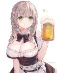  1girl :q alcohol apron bangs beer beer_mug black_bow black_bowtie blush bow bowtie braid breasts brown_skirt character_name commentary copyright_name corset cup detached_collar dirndl eikaa flower german_clothes green_eyes hair_flower hair_ornament hand_up heart holding holding_cup hololive large_breasts long_hair looking_at_viewer mug shirogane_noel short_sleeves silver_hair simple_background skirt solo symbol-only_commentary tongue tongue_out twin_braids twitter_username upper_body virtual_youtuber white_apron white_background white_flower 