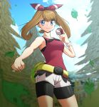  1girl absurdres bangs bike_shorts bike_shorts_under_shorts blue_eyes blurry bracelet breasts brown_hair clenched_hand closed_mouth cloud commentary dark_n day eyebrows_visible_through_hair hand_up highres holding holding_poke_ball jewelry leaf leaves_in_wind may_(pokemon) outdoors poke_ball poke_ball_(basic) pokemon pokemon_(game) pokemon_oras shirt shorts sky sleeveless sleeveless_shirt smile solo split_mouth tree twintails white_shorts 