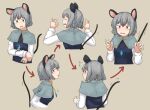  1girl absurdres animal animal_ears arrow_(symbol) brown_background brown_eyes capelet chagamaka closed_eyes commentary_request grey_hair highres jewelry long_sleeves motion_lines mouse mouse_ears mouse_girl mouse_tail nazrin necklace pendant short_hair smile solo tail touhou 