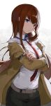  1girl black_legwear blue_eyes crossed_arms highres hiroki_(yyqw7151) jacket legwear_under_shorts long_hair long_sleeves looking_at_viewer makise_kurisu necktie pantyhose red_hair red_necktie shirt shorts solo steins;gate white_shirt yellow_jacket 