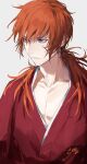  1boy bangs closed_mouth collarbone cross_scar hair_between_eyes highres himura_kenshin japanese_clothes kimono long_hair looking_away low_ponytail male_focus orange_hair pectoral_cleavage pectorals ponytail purple_eyes red_kimono rurouni_kenshin scar scar_on_cheek scar_on_face simple_background solo srro_yo upper_body white_background 